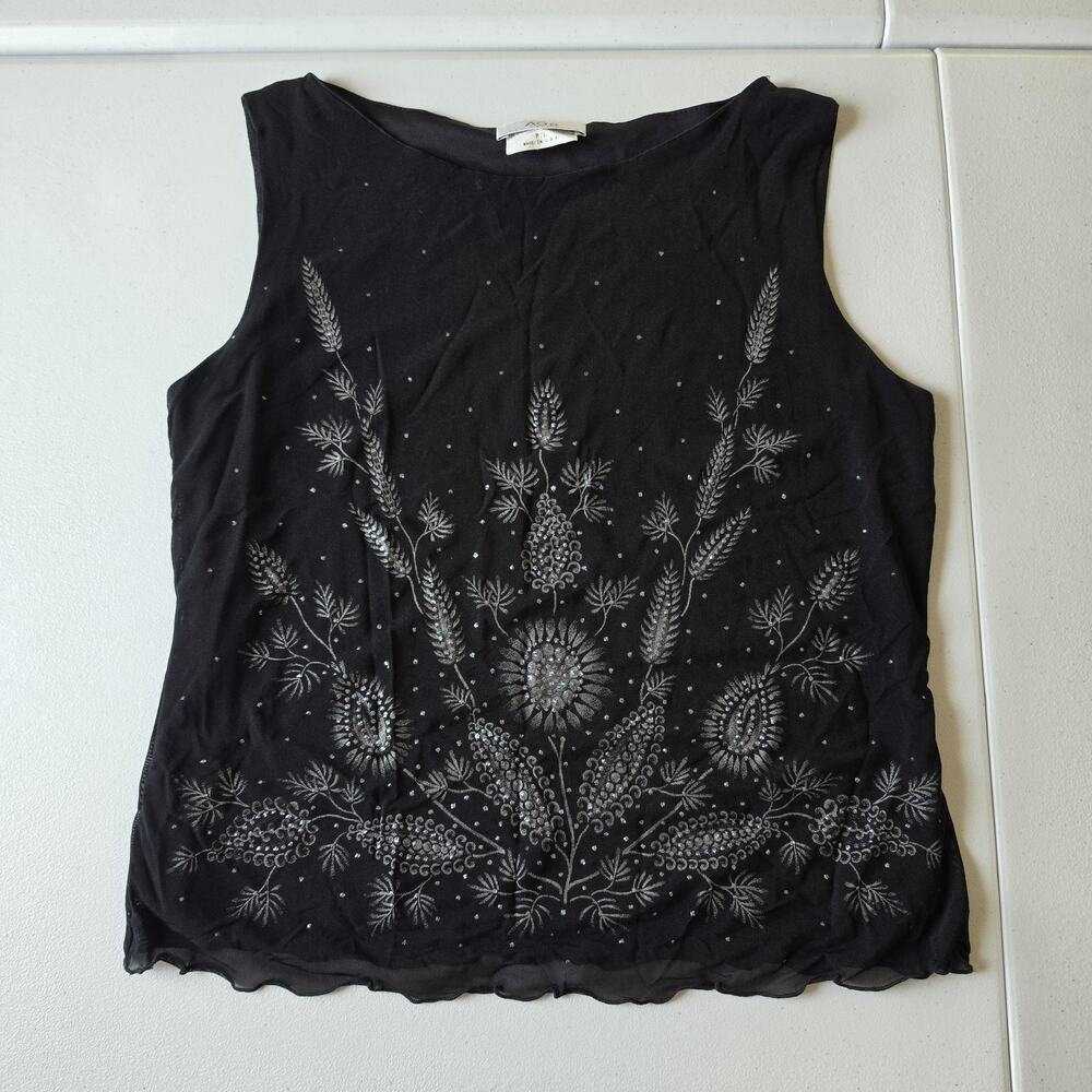 90s Y2K Whimsigoth Fairy Grunge Tank Top Large Black Rhinestone Floral Stretch
